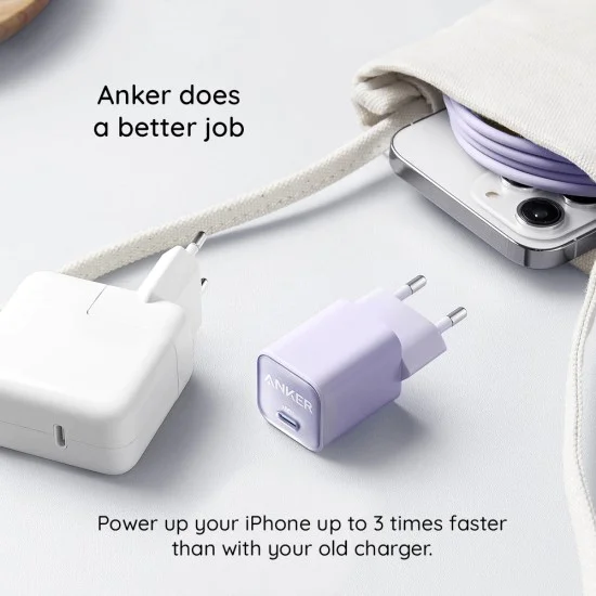 Зарядно устройство Priza GaN, Type-C, 30W - Anker (A2147G21) - Бяло