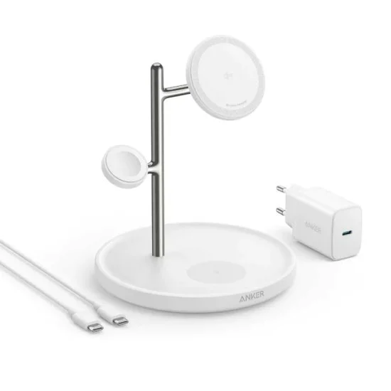 Захранваща станция за iPhone, AirPods Pro и iWatch, 15W + зарядно и Type-C кабел, 40W - Anker (B25M3321) - Бял