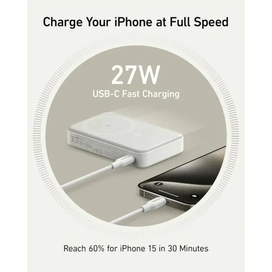 Външна батерия за Apple, 10000mAh, 15W - Anker MagGo (A1654G21) - Бяла