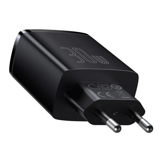Baseus - Компактно зарядно за стена (CCXJ-E01) - USB-C, PD, 30W, 2xUSB-A, QC, 3A - Черно
