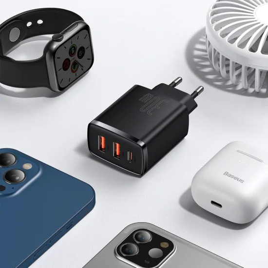 Baseus - Компактно зарядно за стена (CCXJ-E01) - USB-C, PD, 30W, 2xUSB-A, QC, 3A - Черно