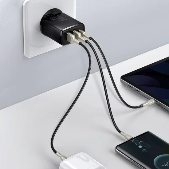 Baseus - Компактно зарядно за стена (CCXJ-E01) - USB-C, PD, 30W, 2xUSB-A, QC, 3A - Черно