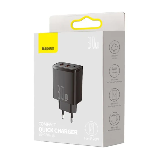 Baseus - Компактно зарядно за стена (CCXJ-E01) - USB-C, PD, 30W, 2xUSB-A, QC, 3A - Черно
