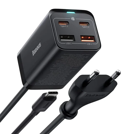 Зарядна станция 2xUSB-C, PD65W, 2xUSB-A, 5A + Type-C кабел - Baseus GaN3 Pro (CCGP04010101) - черен