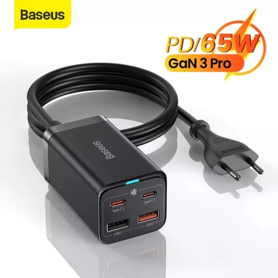 Зарядна станция 2xUSB-C, PD65W, 2xUSB-A, 5A + Type-C кабел - Baseus GaN3 Pro (CCGP04010101) - черен