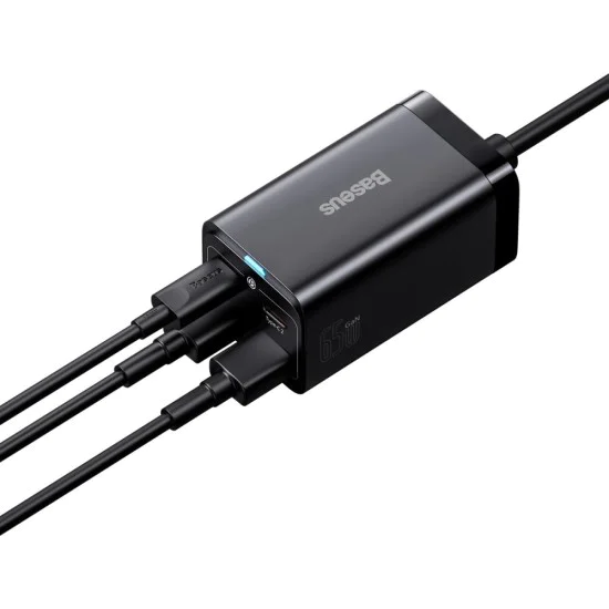 Зарядна станция 2xUSB-C, PD65W, 2xUSB-A, 5A + Type-C кабел - Baseus GaN3 Pro (CCGP04010101) - черен