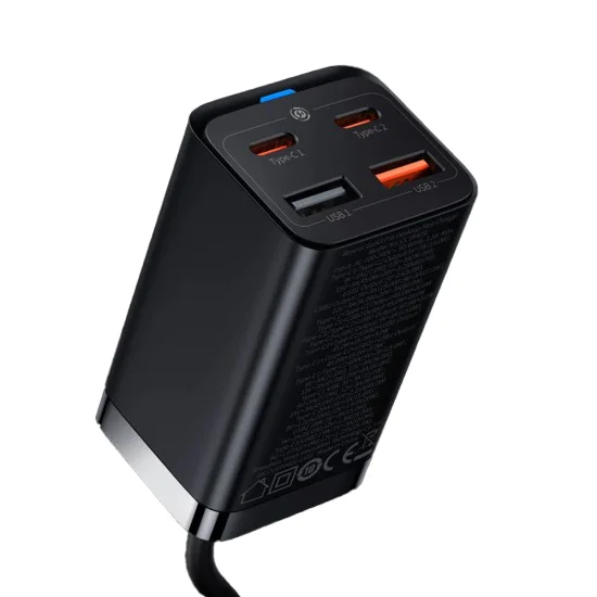 Зарядна станция 2xUSB-C, PD65W, 2xUSB-A, 5A + Type-C кабел - Baseus GaN3 Pro (CCGP04010101) - черен