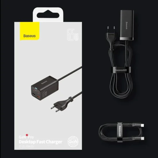 Зарядна станция 2xUSB-C, PD65W, 2xUSB-A, 5A + Type-C кабел - Baseus GaN3 Pro (CCGP04010101) - черен