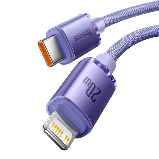 Baseus - Кабел за данни Crystal Shine (CAJY000205) - Type-C към Lightning, 20W, 1.2m - лилав