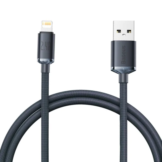 Baseus - Кабел за данни Crystal Shine (CAJY000001) - USB към Lightning, 2.4A, 1.2m - Черен