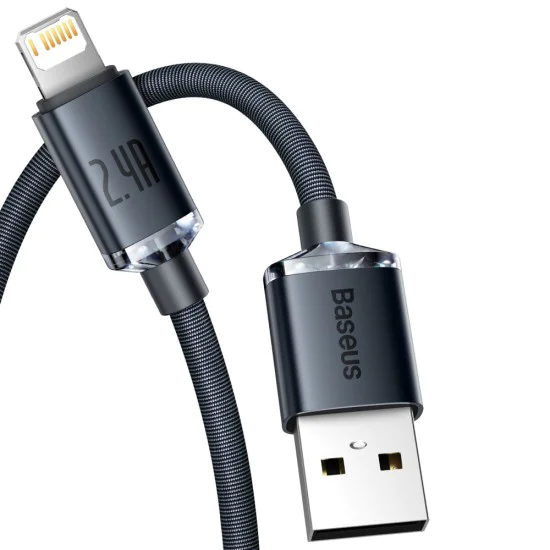 Baseus - Кабел за данни Crystal Shine (CAJY000001) - USB към Lightning, 2.4A, 1.2m - Черен