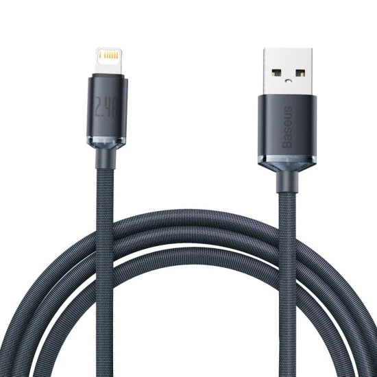 Baseus - Кабел за данни Crystal Shine (CAJY000101) - USB към Lightning, 2.4A, 2m - Черен