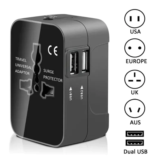 Адаптер за 2 x USB, EU, UK, AUS, US - (HHT202) - Черен
