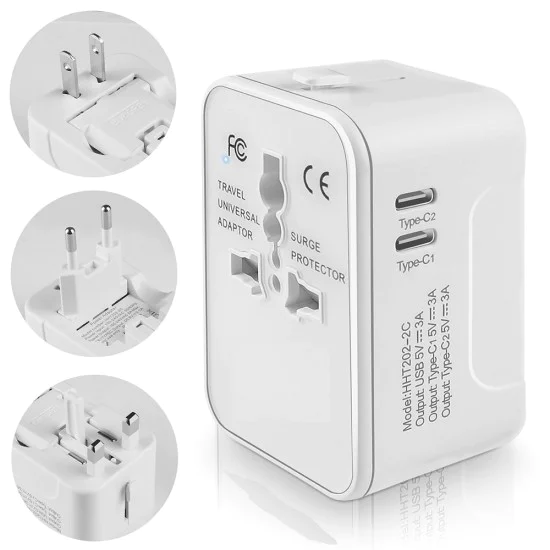 Адаптер за 2 x USB-C, EU, UK, AUS, US - (HHT202-2C) - Бял