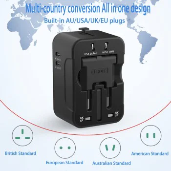 Адаптер за 2 x USB-C, EU, UK, AUS, US - (HHT202-2C) - черен