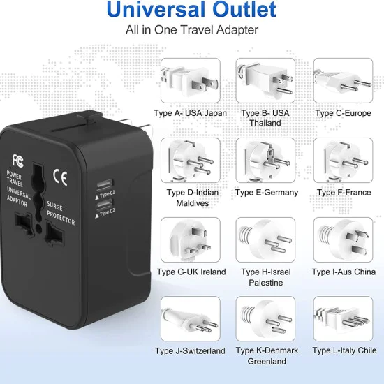 Адаптер за 2 x USB-C, EU, UK, AUS, US - (HHT202-2C) - черен