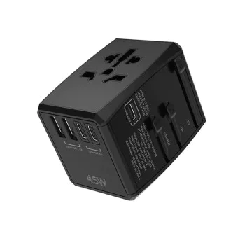 Универсален щепсел адаптер, PD45W, 2 x USB, 3 x Type-C, EU, UK, AUS, US - (HHT905) - Черен