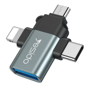 USB към Lightning, Micro-USB, Type-C 480Mbps OTG адаптер - Yesido (GS15) - черен