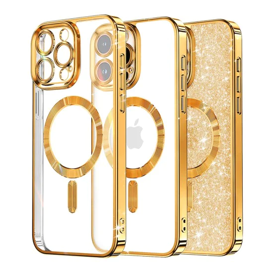 Калъф за iPhone 14 Pro - Луксозен Glitter MagSafe - Златен