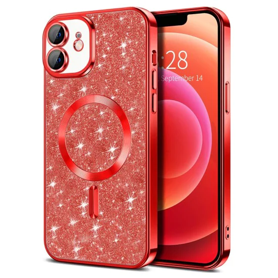Калъф за iPhone 12 - Luxury Glitter MagSafe - Червен