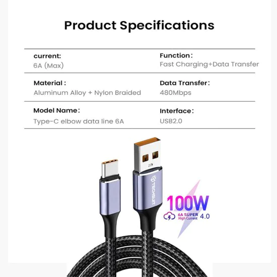 USB към Type-C кабел за данни, супер бързо зареждане, 100 W, 480 Mbps, 6 A - (PCB018) - черен