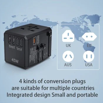 Универсален щепсел адаптер, PD45W, 2 x USB, 3 x Type-C, EU, UK, AUS, US - (HHT905) - Черен