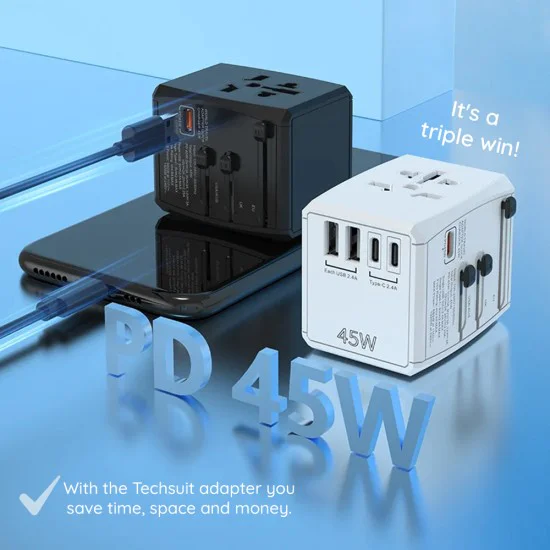 Универсален щепсел адаптер, PD45W, 2 x USB, 3 x Type-C, EU, UK, AUS, US - (HHT905) - Черен