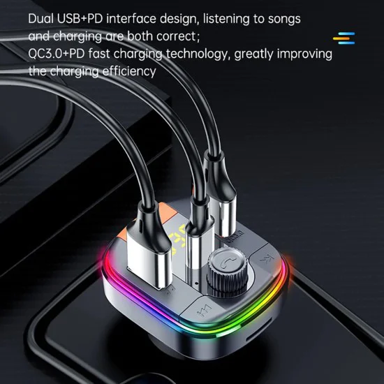 Зарядно за кола с FM модулатор, LED дисплей, 2xUSB, Type-C, 18W - Yesido (Y45) - черно