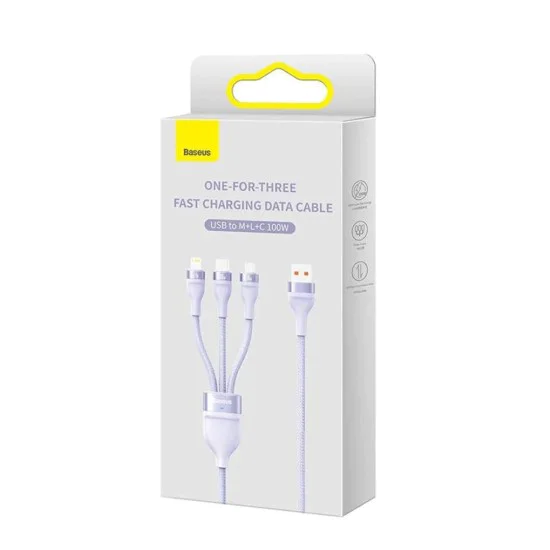 Кабел за данни 3в1, USB, 100W, 1.2m - Baseus Flash Series 2 (CASS030005) - лилав