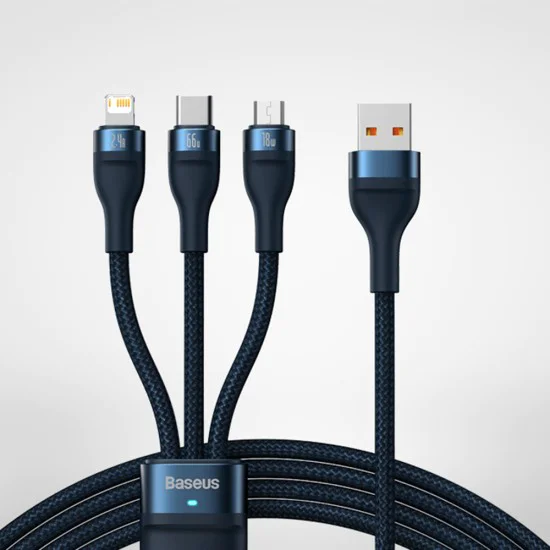 Кабел за данни 3в1, USB, 66W, 1.2m - Baseus Flash Series 2 (CASS040003) - син