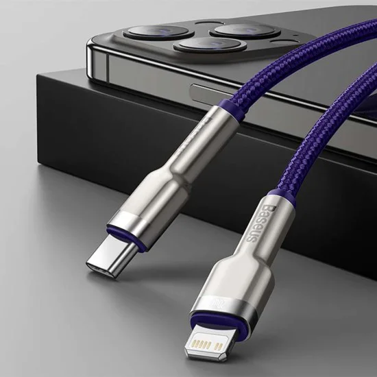 Кабел Type-C към Lightning, Fast Charging PD20W, 480Mbps, 2.4A, 1m - Baseus Cafule Series Metal (CATLJK-A05) - лилав