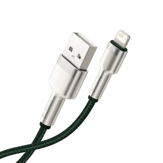 USB към Lightning кабел, 2.4A, 480Mbps, 1m - Baseus Cafule Series Metal (CALJK-A06) - зелен