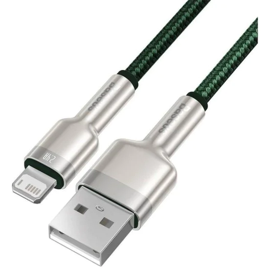 USB към Lightning кабел, 2.4A, 480Mbps, 1m - Baseus Cafule Series Metal (CALJK-A06) - зелен