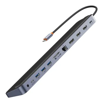 Хъб тип-C към HDMI x 2, USB3.0 x 3, тип-C, DP, SD/TF, RJ45, USB-C, жак, 100 W - Baseus (WKSXX030213) - черен