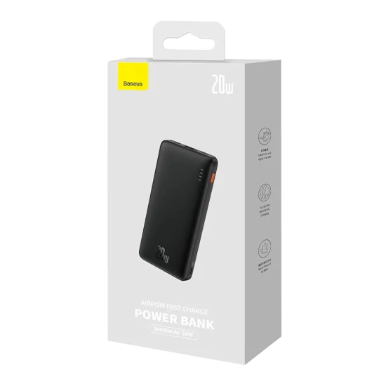 Външна USB батерия, Type-C, Micro-USB, 20W, 10000mAh + Type-C кабел - Baseus Airpow (PPQD090001) - Черен