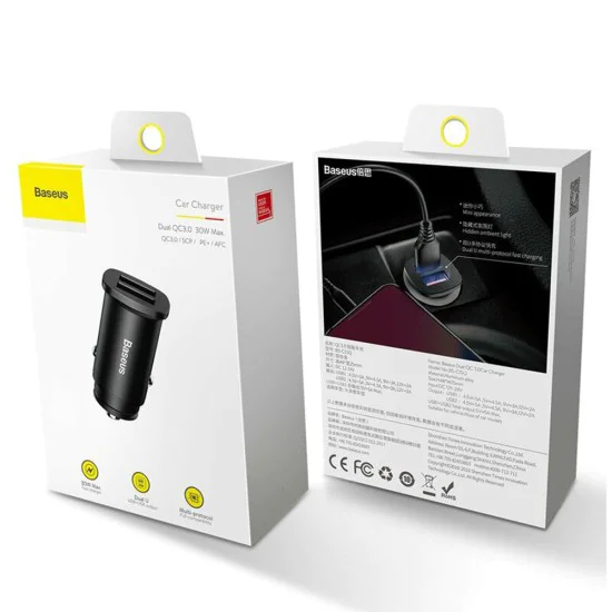 Двойно зарядно за кола, USB, 30 W - Baseus Square Metal (CCALL-DS01) - черно