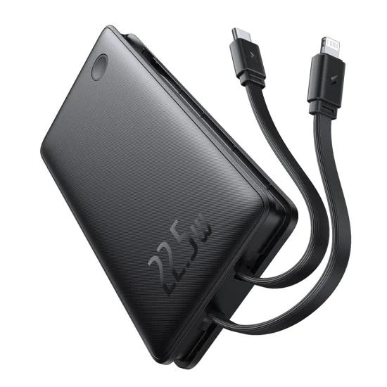 Външен USB батериен пакет, Type-C, двоен USB-C кабел, Lightning, 22,5 W, 10000 mAh - Baseus Airpow Air Lite (P10067501123-00) - черен
