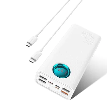 Външен батериен пакет 4x USB, Type-C, Lighting, Micro-USB, Fast Charge, 65W, 26800mAh - Baseus Amblight (P1002240222223-00) - Бял