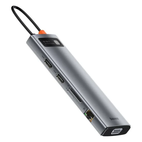 USB-C към 3 x USB, Type-C, VGA, 2x HDMI, TF/SD концентратор - Baseus (CAHUB-CT0G) - сив