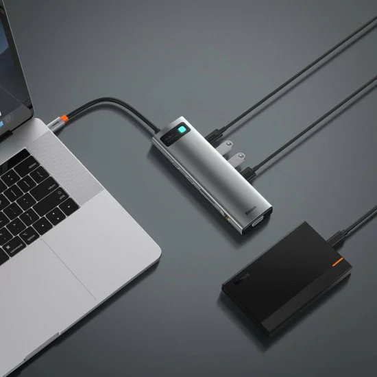USB-C към 3 x USB, Type-C, VGA, 2x HDMI, TF/SD концентратор - Baseus (CAHUB-CT0G) - сив