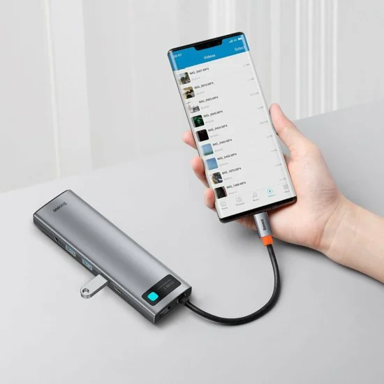 USB-C към 3 x USB, Type-C, VGA, 2x HDMI, TF/SD концентратор - Baseus (CAHUB-CT0G) - сив