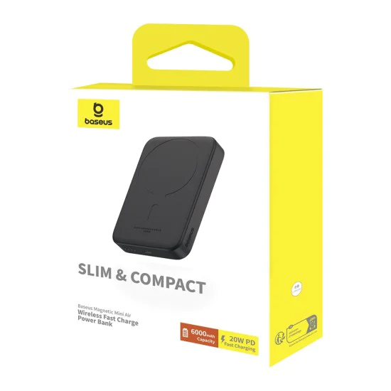 Baseus - Power Bank Mini Air (P10059002113-00) - Type-C, MagSafe зареждане, 20W, 6000mAh, с кабел Type-C, 30 см - Черен