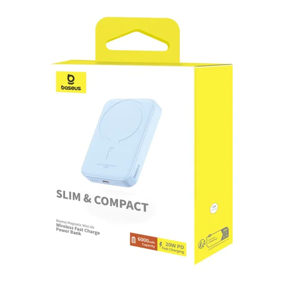 Baseus - Power Bank Mini Air (P10059002313-00) - Type-C, MagSafe зареждане, 20W, 6000mAh, с кабел Type-C, 30 см - Син