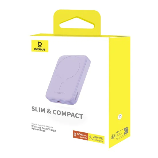 Външна батерия Type-C Type-C, безжично зареждане, 20W, 6000mAh + кабел Type-C, 30cm - Baseus Mini Air (P10059002513-00) - лилав