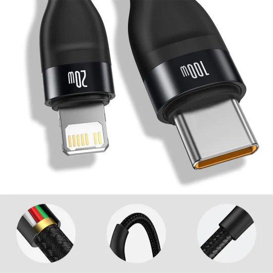 Baseus - Кабел за данни Flash Series 2in1 (CA1T2-F01) - Type-C към Type-C, Lightning 100W, 1.2m - Черен