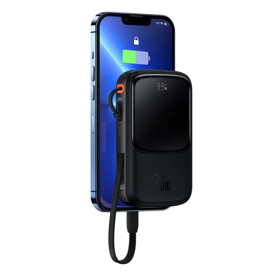 Външен пакет батерии 2x Lightning, Type-C, USB, 20W, 10000mAh + Type-C кабел, 3A - Baseus Qpow Pro (PPQD020001) - черен