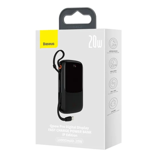 Външен пакет батерии 2x Lightning, Type-C, USB, 20W, 10000mAh + Type-C кабел, 3A - Baseus Qpow Pro (PPQD020001) - черен