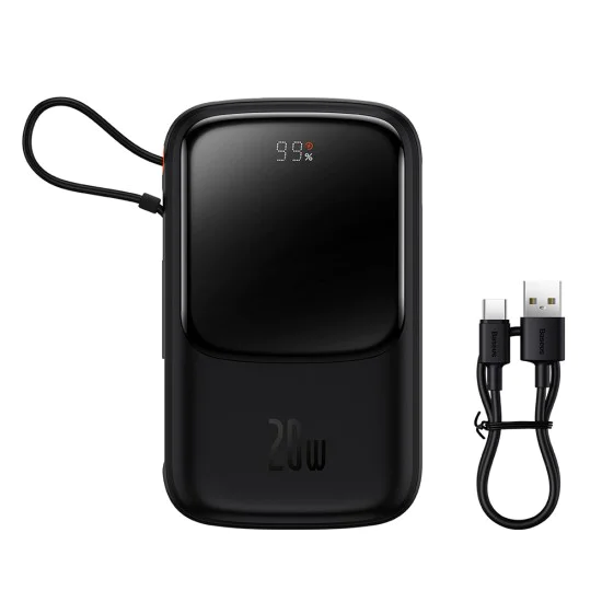 Външен пакет батерии 2x Lightning, Type-C, USB, 20W, 10000mAh + Type-C кабел, 3A - Baseus Qpow Pro (PPQD020001) - черен
