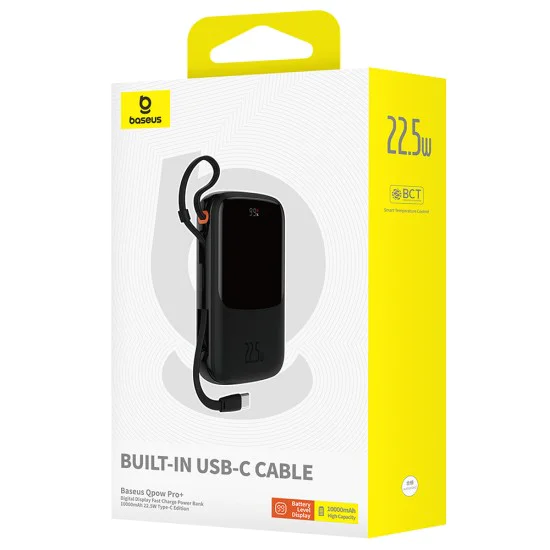 Външен батериен пакет Lightning, 2x Type-C, USB, 22.5W, 10000mAh + Type-C кабел - Baseus Qpow Pro+ (P10067101113113-00) - черен