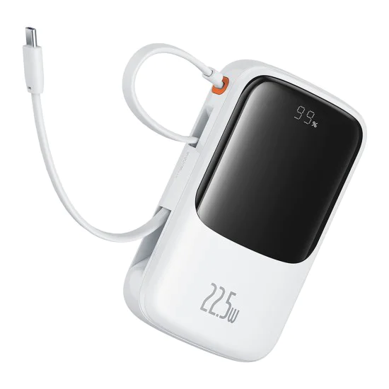 Външен батериен пакет Lightning, 2x Type-C, USB, 22.5W, 10000mAh + Type-C кабел - Baseus Qpow Pro+ (P10067101213-00) - Бял